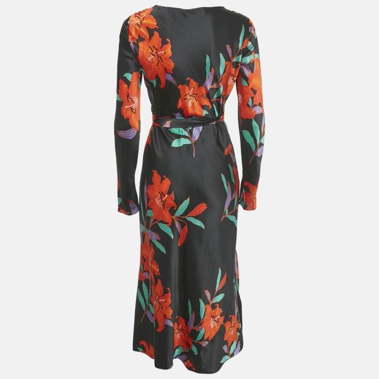 Pre Owned Diane Von Furstenberg Black Floral Print Silk Midi Wrap Dress M
