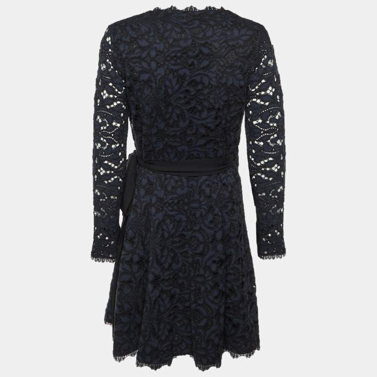 Pre Owned Diane Von Furstenberg Navy Blue /Black Lace Wrap Around Shaelyn Dress M