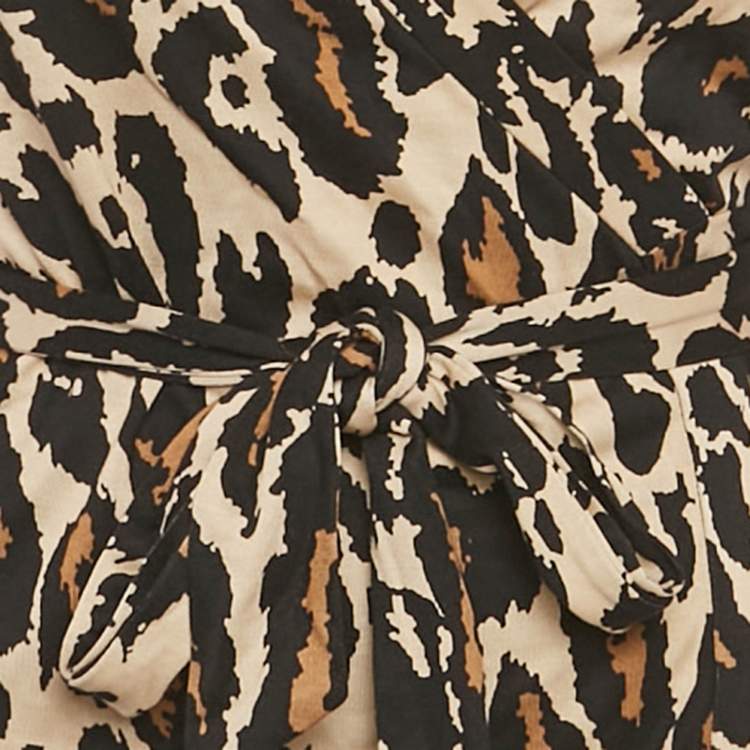 Pre Owned Diane Von Furstenberg Brown Leopard Print Jersey Wrap Dress XS
