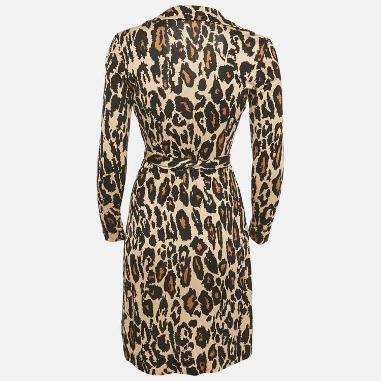 Pre Owned Diane Von Furstenberg Brown Leopard Print Jersey Wrap Dress XS
