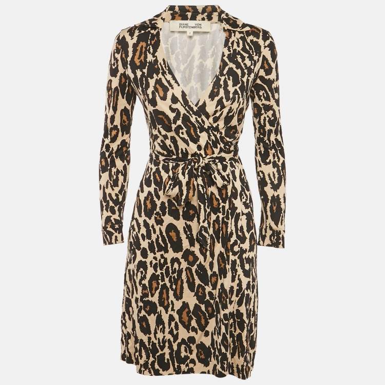 Pre Owned Diane Von Furstenberg Brown Leopard Print Jersey Wrap Dress XS