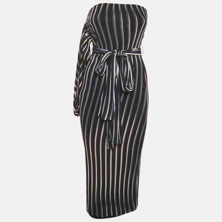 Pre Owned Diane Von Furstenberg Black Nylon Striped Structured Sash Dress S