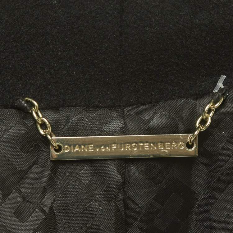 Pre Owned  Diane Von Furstenberg Black Wool Open Front Trench Coat S 