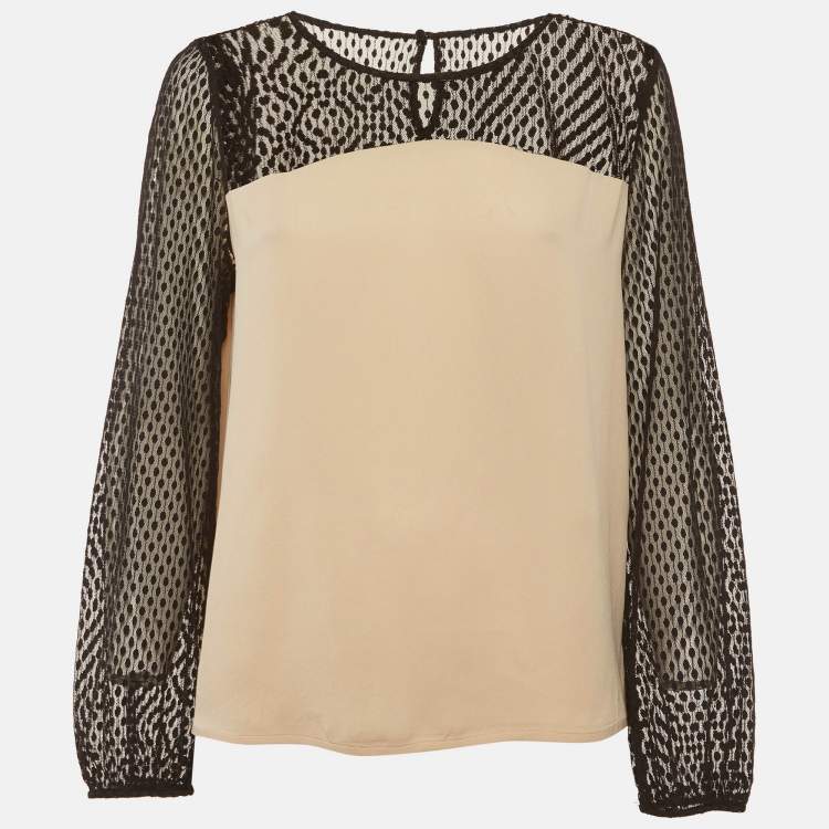 Pre Owned Diane Von Furstenberg Beige/ Black Silk Sheer Long Sleeve Blouse L