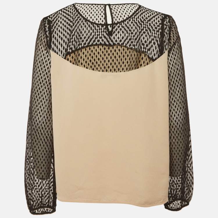 Pre Owned Diane Von Furstenberg Beige/ Black Silk Sheer Long Sleeve Blouse L