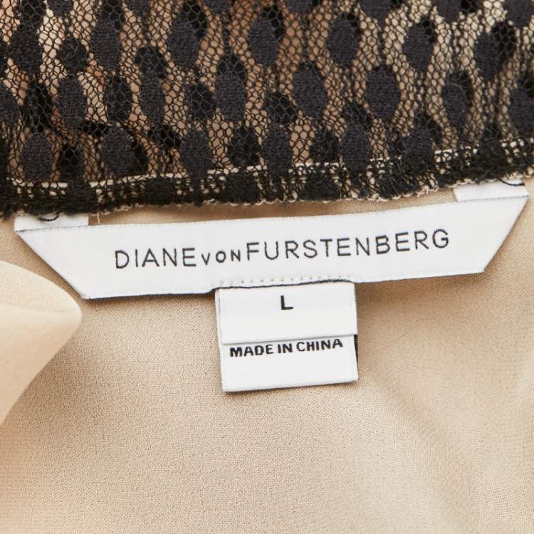 Pre Owned Diane Von Furstenberg Beige/ Black Silk Sheer Long Sleeve Blouse L