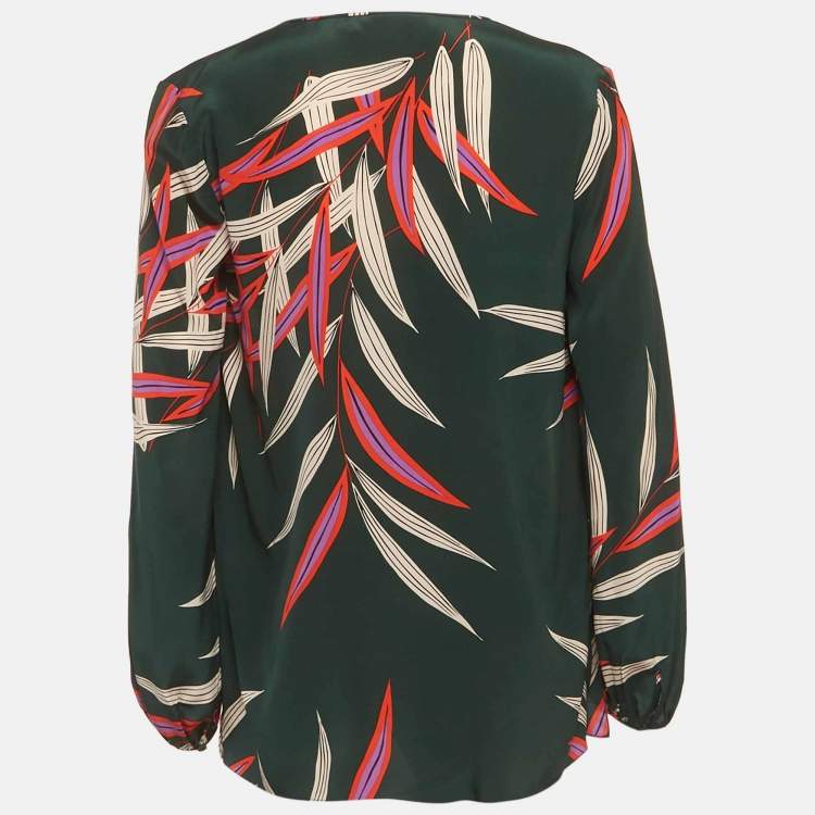 مملوكة مسبقًا Diane Von Furstenberg Green Printed Silk Blouse M