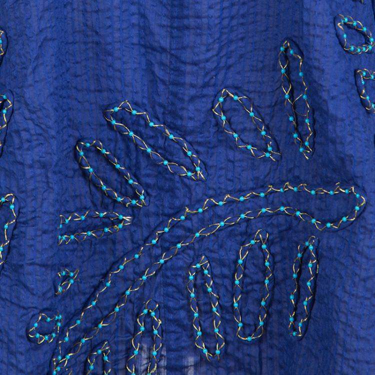 Pre Owned Diane Von Furstenberg Blue Seersucker Beaded Applique Detail Tunic M