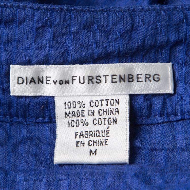 Pre Owned Diane Von Furstenberg Blue Seersucker Beaded Applique Detail Tunic M