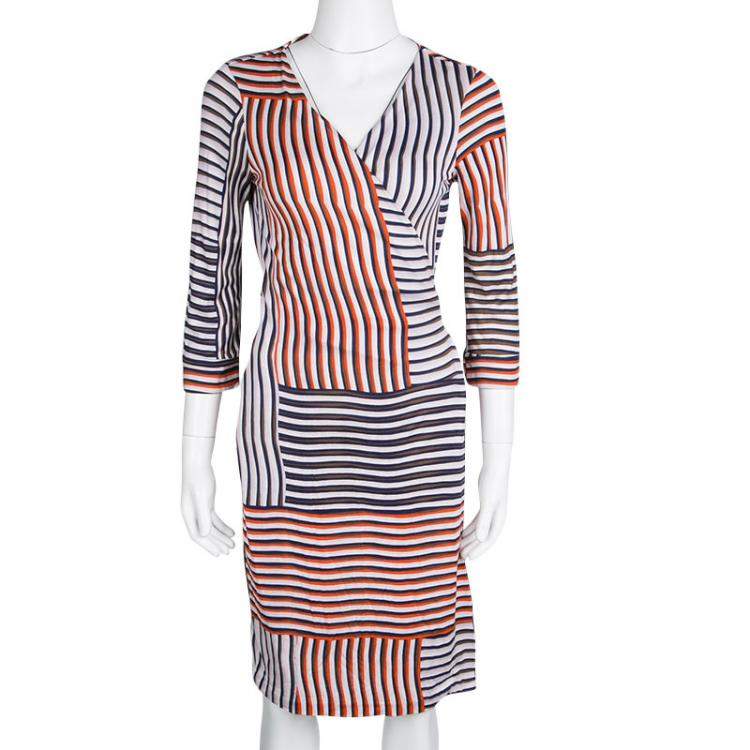 Pre Owned Diane Von Furstenberg Irreguar Striped Silk Jersey New Julian Two Wrap Dress M