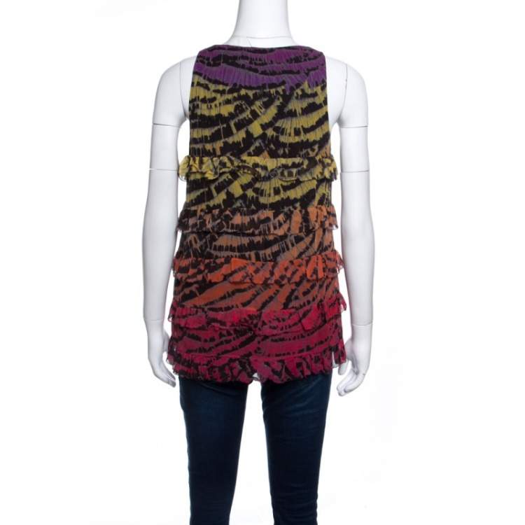 Pre Owned Diane Von Furstenberg Multicolor Printed Silk Ruffled Tiered Pitonesa Top M