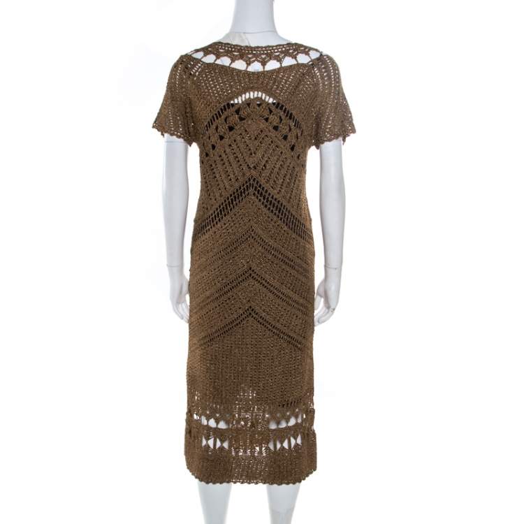 مملوكة مسبقًا Diane Von Furstenberg Dull Gold Perforated Crochet Knit Kalakaua Dress L