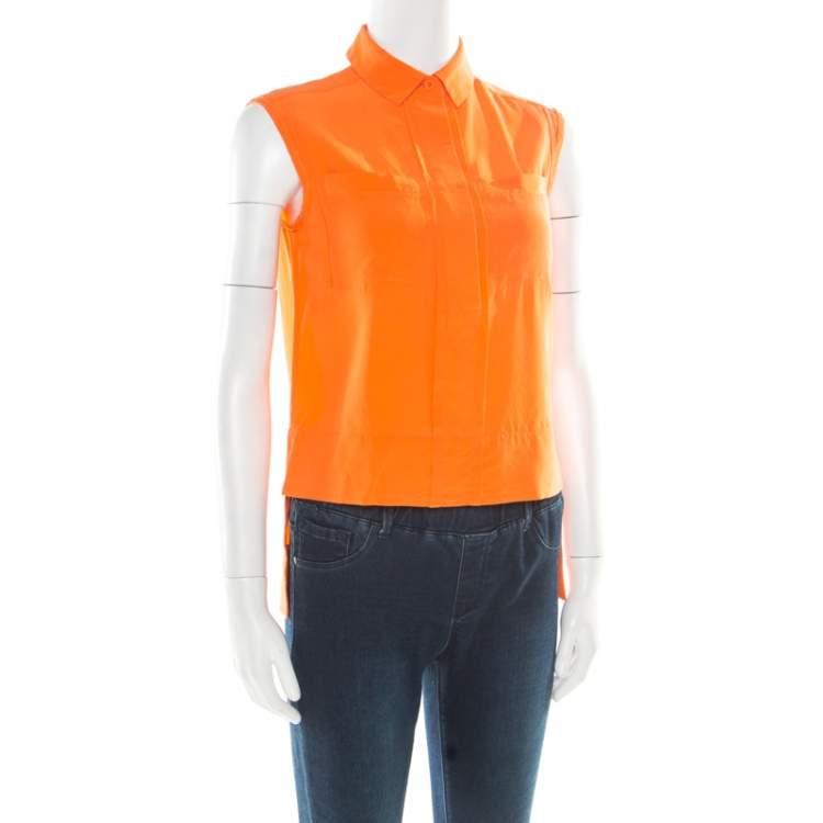 Pre Owned Diane Von Furstenberg Orange Silk Sleeveless High Low Lensley Shirt XS
