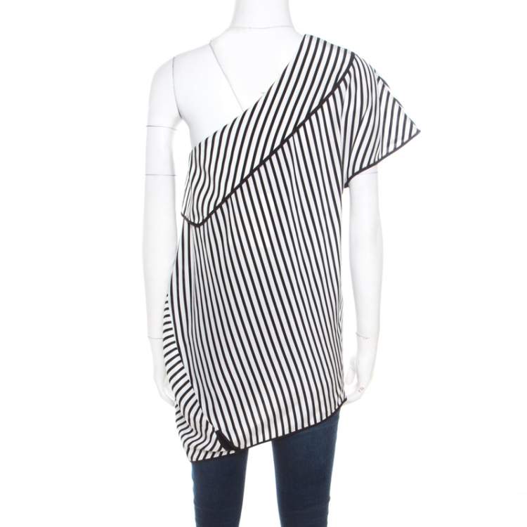 Pre Owned Diane Von Furstenberg Monochrome Alsen Stripe Silk One Shoulder Top L