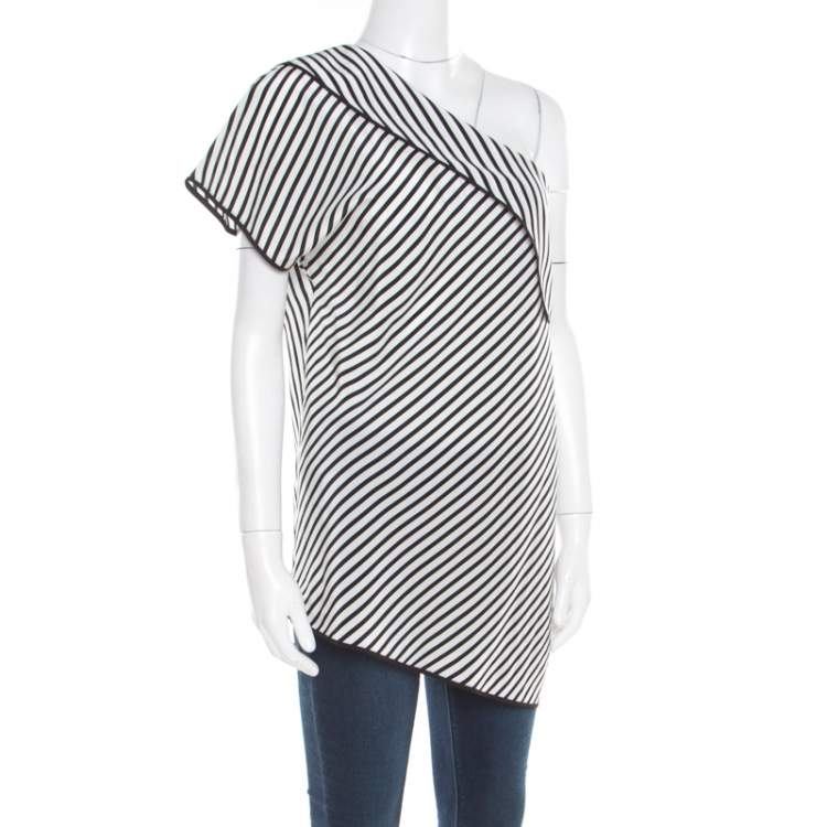 Pre Owned Diane Von Furstenberg Monochrome Alsen Stripe Silk One Shoulder Top L