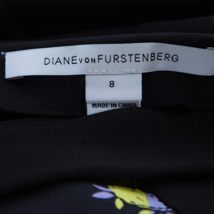 Pre Owned Diane Von Furstenberg Black Floral Printed Wool and Silk Jewel Wrap Dress M