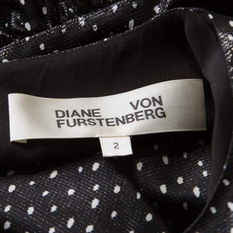 Pre Owned Diane Von Furstenberg Monochrome Metallic Polka Dot Long Sleeve Top S