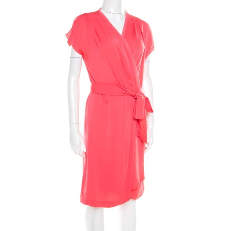 Pre Owned Diane Von Furstenberg Pink Nectar Pleated Trim Mateo Belted Silk Dress M