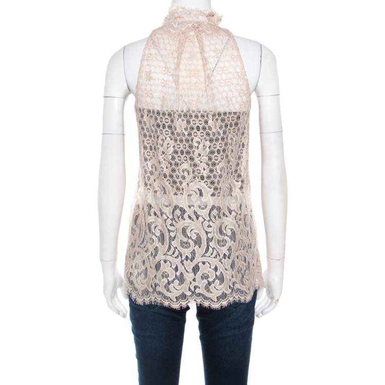 Pre Owned Diane Von Furstenberg Beige Floral Lace Ruffle Trim Sleeveless Olvida Top S