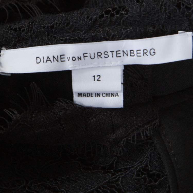 Pre Owned Diane von Furstenberg Black Floral Lace Bodice Detail Maddie Dress L