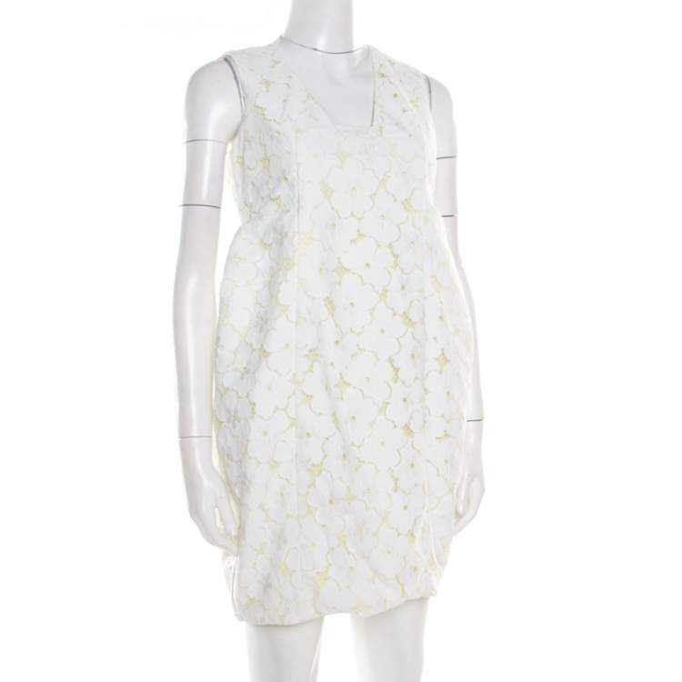 Pre Owned Diane Von Furstenberg White and Lime Floral Lace Sleeveless Clydeena Dress M