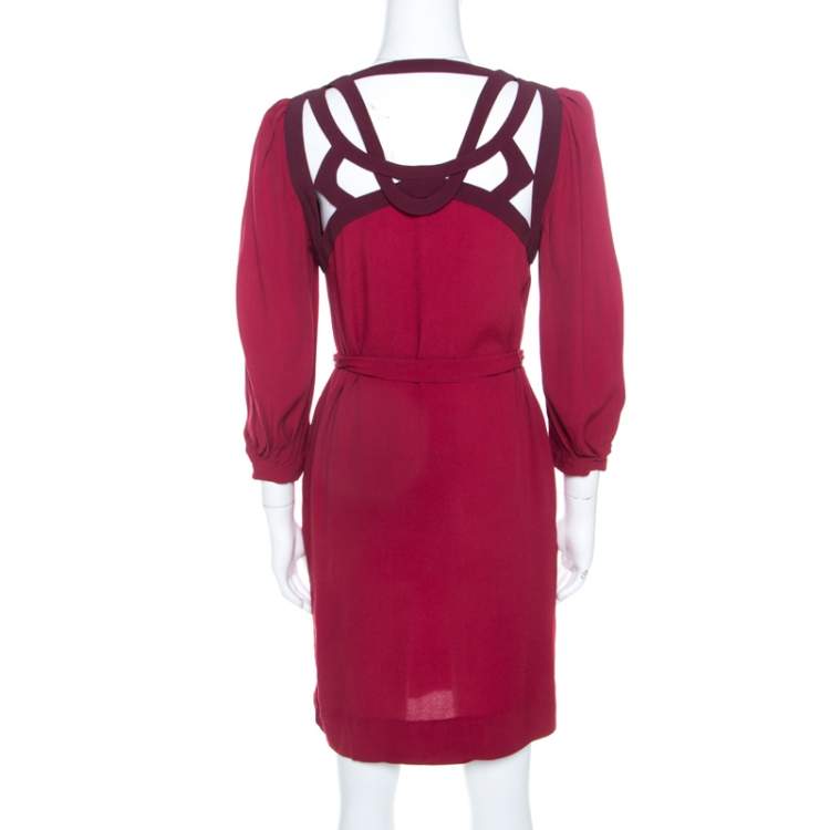 Pre Owned Diane von Furstenberg Burgundy Crepe Cut Out Neck Detail Belted Jadey Dress S