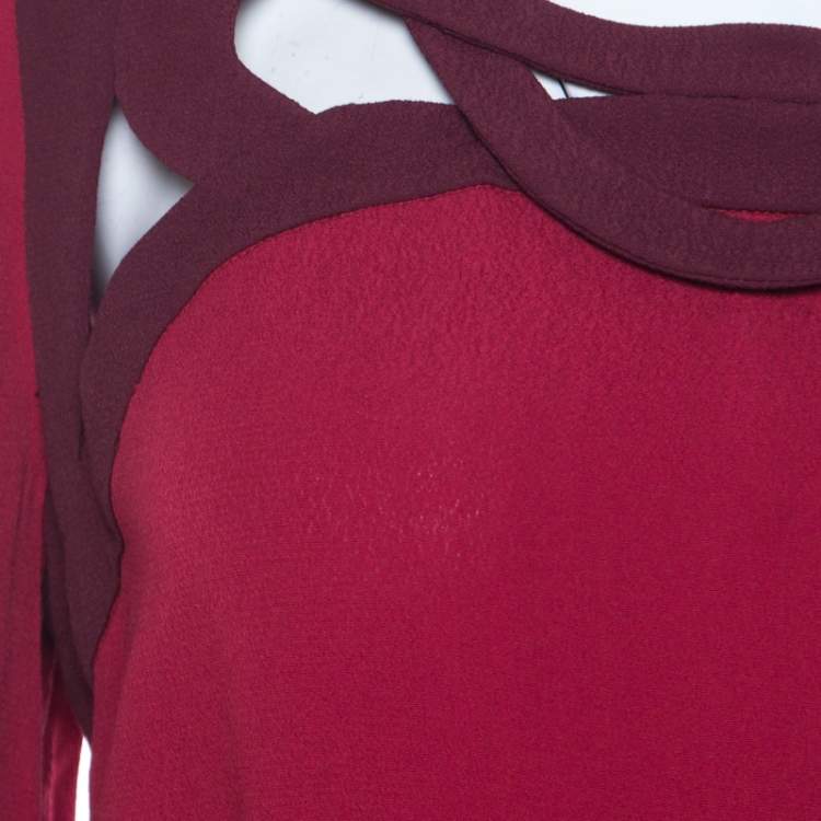 Pre Owned Diane von Furstenberg Burgundy Crepe Cut Out Neck Detail Belted Jadey Dress S