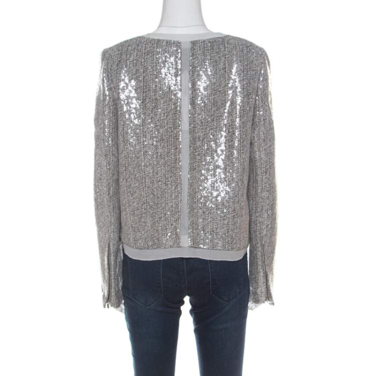 Pre Owned Diane von Furstenberg Silver Sequin Embellished Tweed Tamali Jacket L 