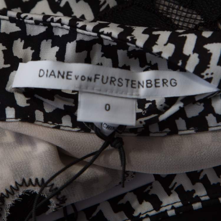 Pre Owned Diane von Furstenberg Monochrome Geometric Print Silk Floral Lace Appliqué Ernestina Dress XS