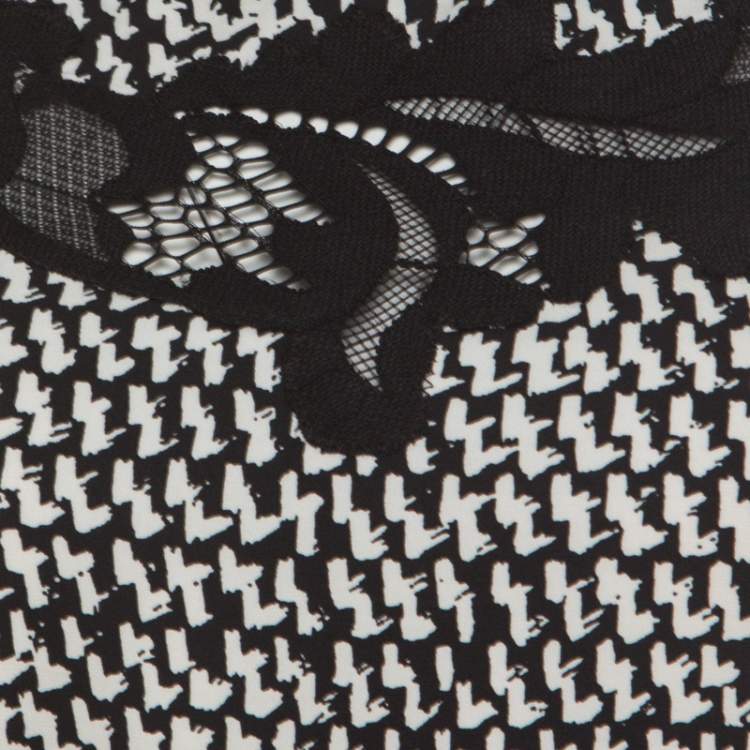 Pre Owned Diane von Furstenberg Monochrome Geometric Print Silk Floral Lace Appliqué Ernestina Dress XS