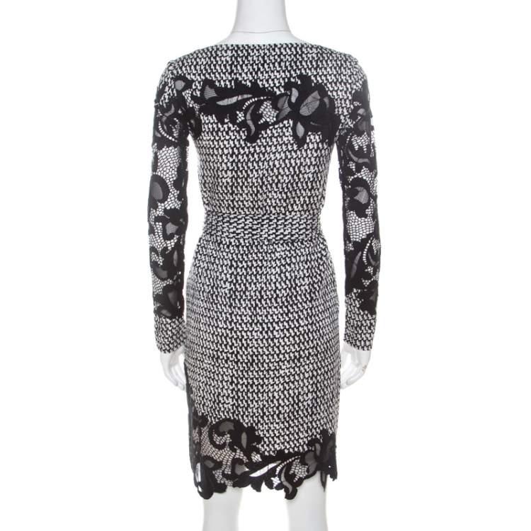 Pre Owned Diane von Furstenberg Monochrome Geometric Print Silk Floral Lace Appliqué Ernestina Dress XS