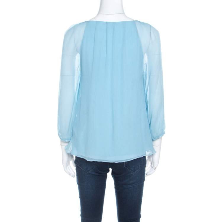 Pre Owned Diane von Furstenberg Powder Blue Plisse Chiffon Silk Fenobe Blouse M