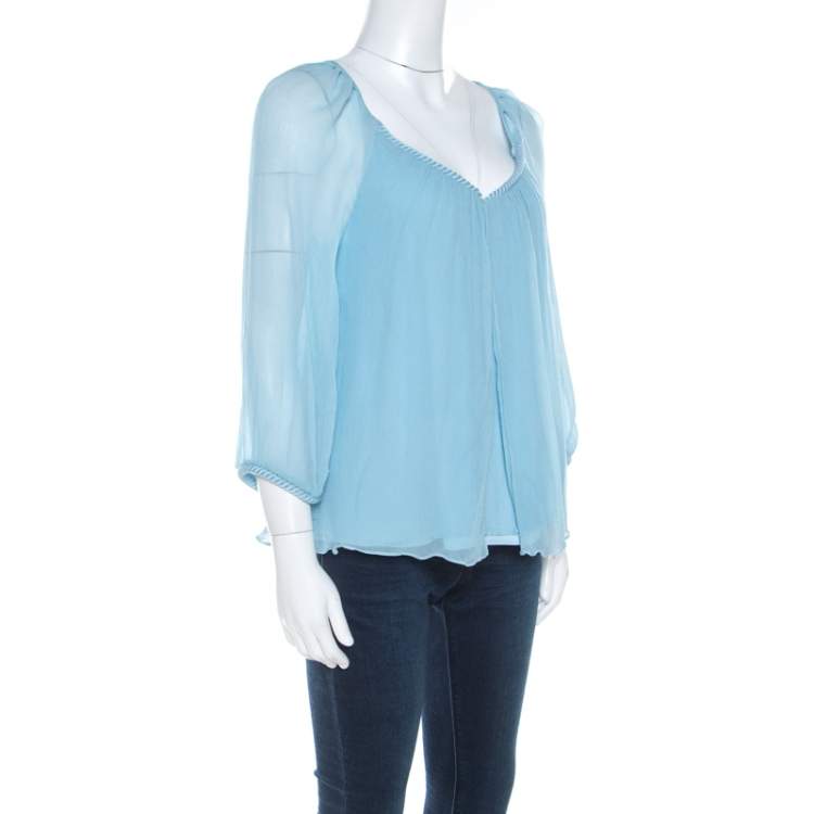 Pre Owned Diane von Furstenberg Powder Blue Plisse Chiffon Silk Fenobe Blouse M
