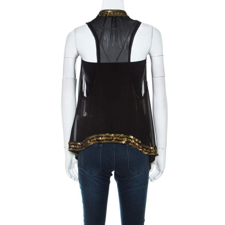 مملوكة مسبقًا Diane Von Furstenberg Black Silk Chiffon Gold Sequin Embellished Ellowyn Sleeveless Vest M 