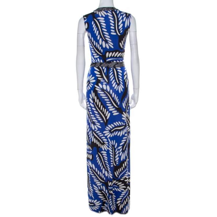 مملوكة مسبقًا Diane Von Furstenberg Blue Printed Silk Jersey Orchid Maxi Wrap Dress M