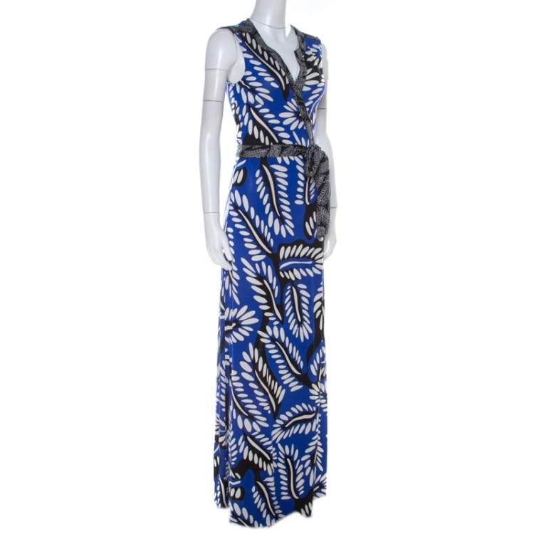 مملوكة مسبقًا Diane Von Furstenberg Blue Printed Silk Jersey Orchid Maxi Wrap Dress M