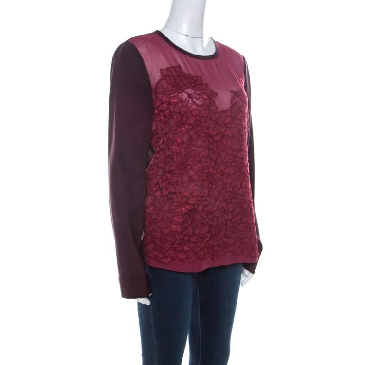 مملوكة مسبقًا Diane Von Furstenberg Burgundy Silk and Lace Bodice Branwen Blouse L 