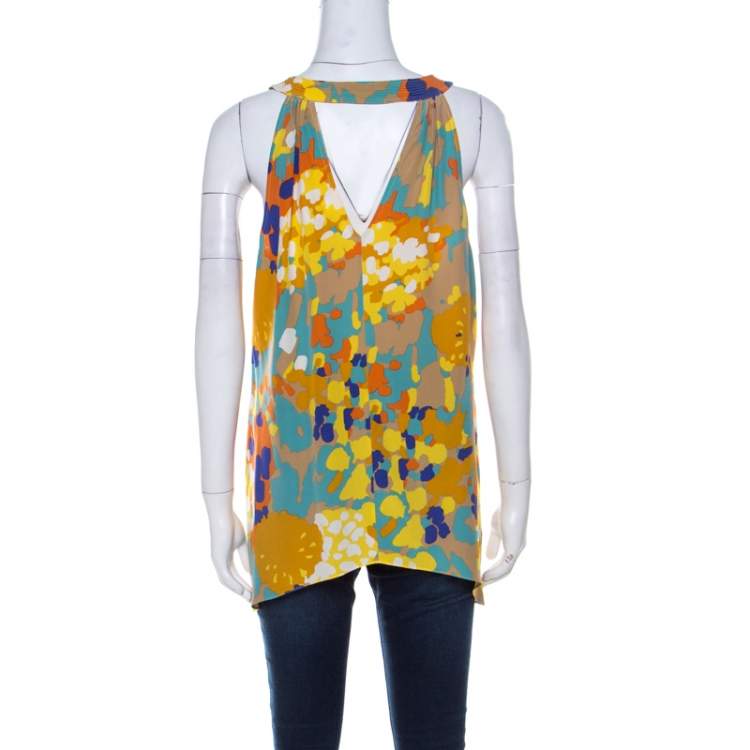 Pre Owned Diane von Furstenberg Multicolor Printed V-Neck Asymmetric Hem Sleeveless Top L 