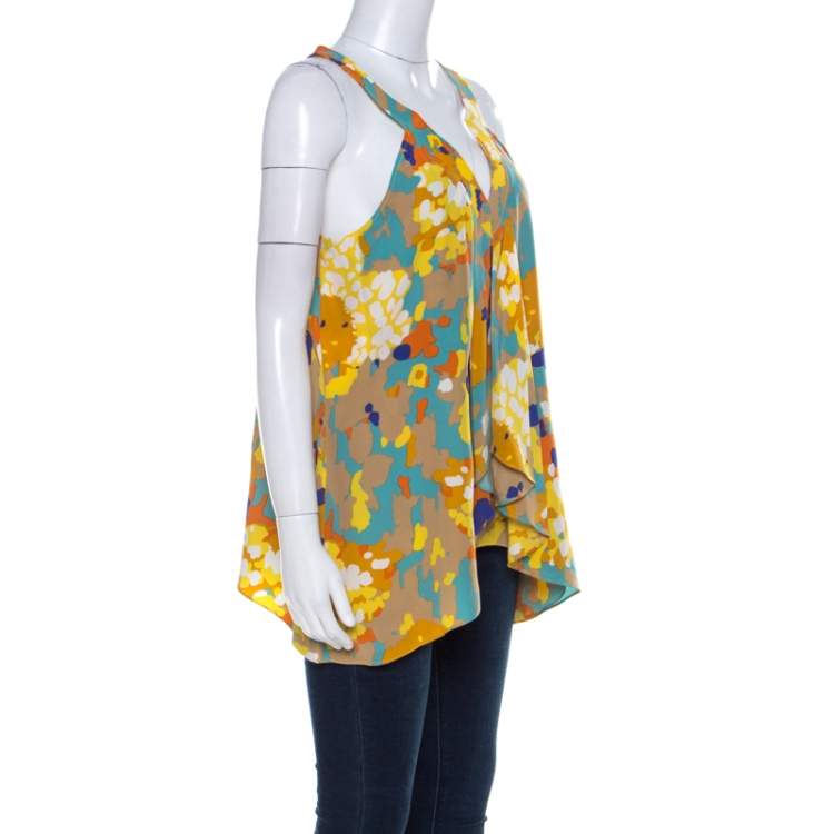 Pre Owned Diane von Furstenberg Multicolor Printed V-Neck Asymmetric Hem Sleeveless Top L 