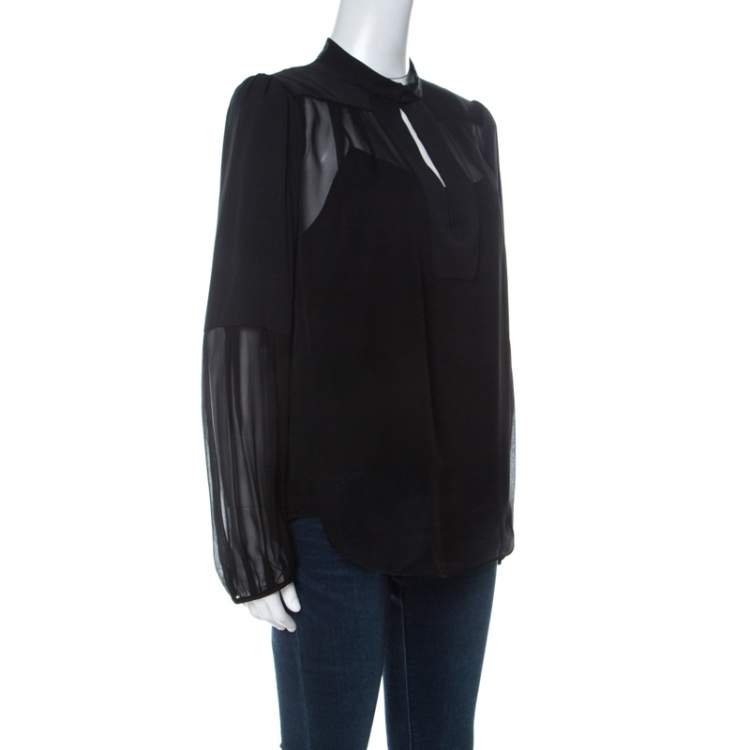 Pre Owned Diane Von Furstenberg Black Chiffon Bishop Sleeve Isolde Top L