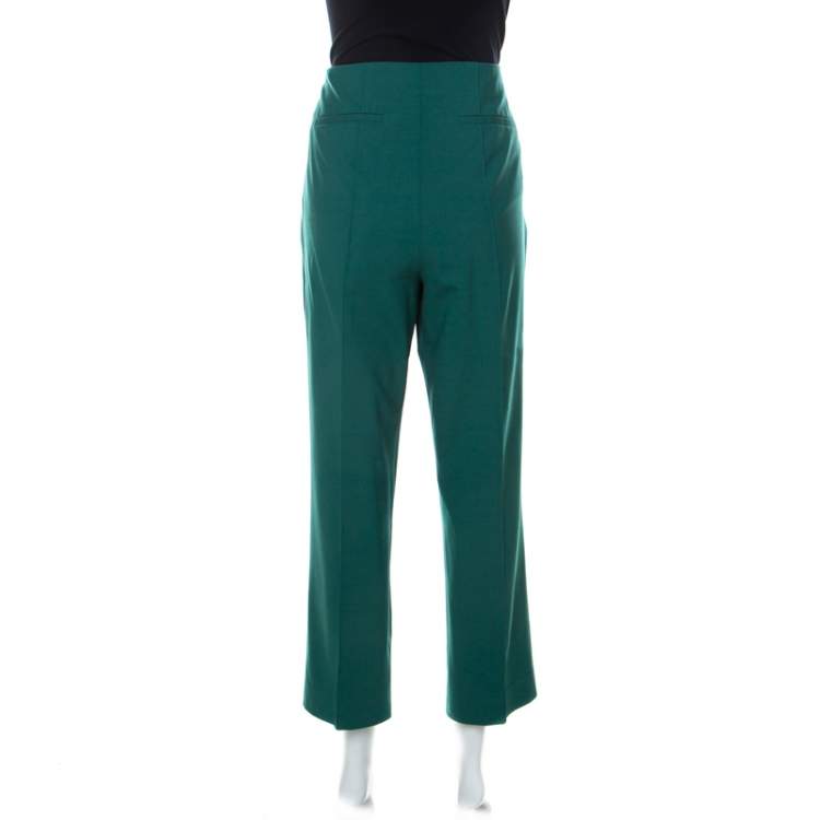 Pre Owned Diane Von Furstenberg Green Stretch Wool Pleated High Waist Trousers L