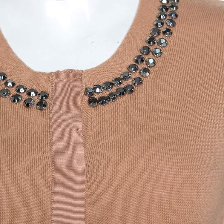Pre Owned Diane Von Furstenberg Camel Wool Blend Perforated Sleeve Detail Donna Cardigan M
