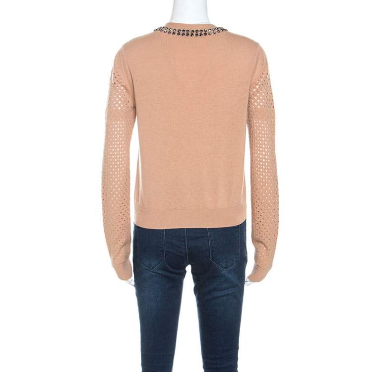 Pre Owned Diane Von Furstenberg Camel Wool Blend Perforated Sleeve Detail Donna Cardigan M