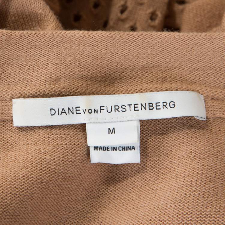 Pre Owned Diane Von Furstenberg Camel Wool Blend Perforated Sleeve Detail Donna Cardigan M