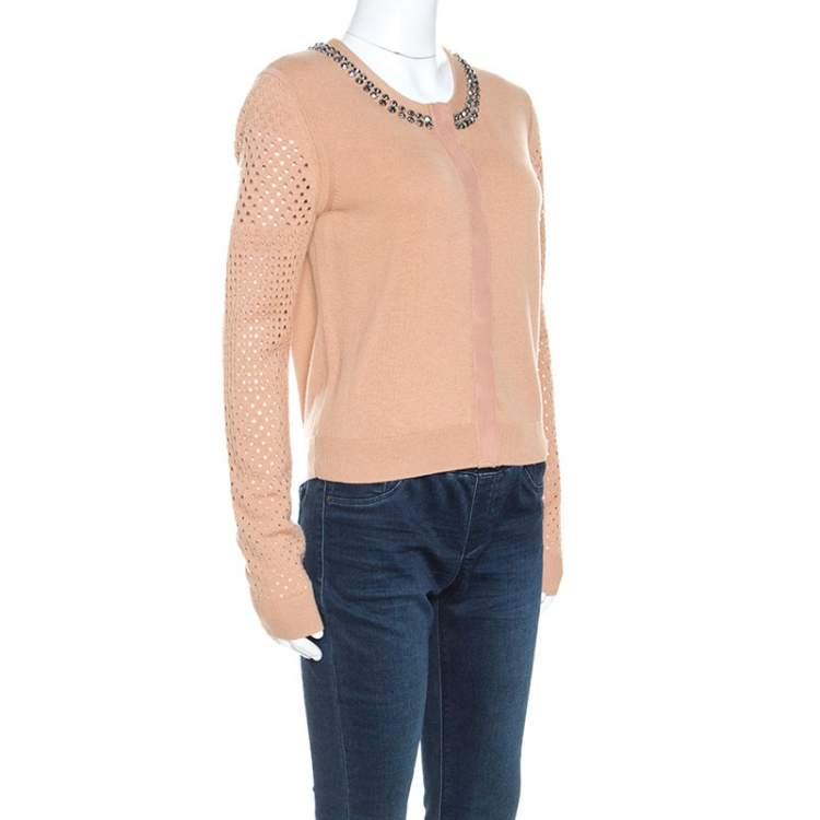 Pre Owned Diane Von Furstenberg Camel Wool Blend Perforated Sleeve Detail Donna Cardigan M