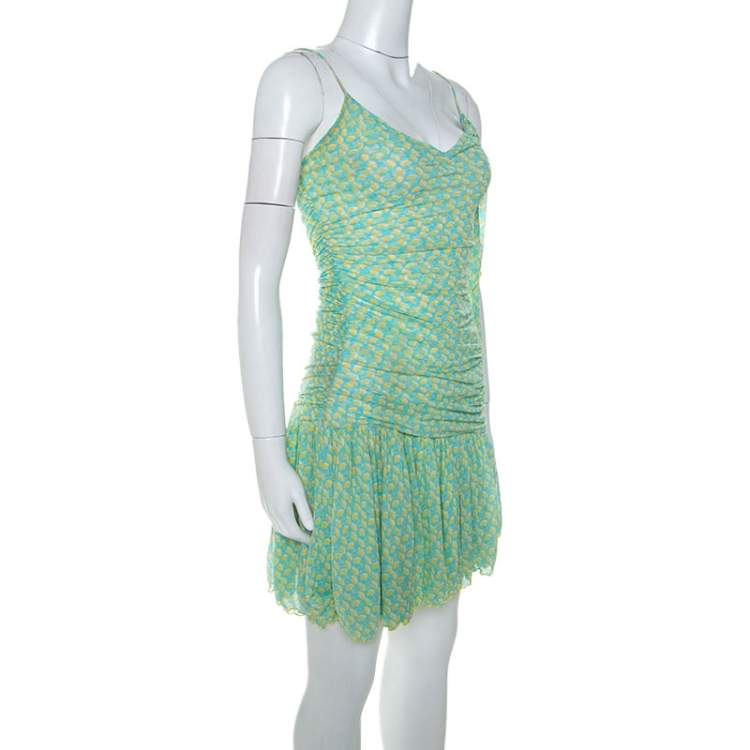 Pre Owned Diane Von Furstenberg Green printed Silk Mesh Drop Waist Louie Dress M