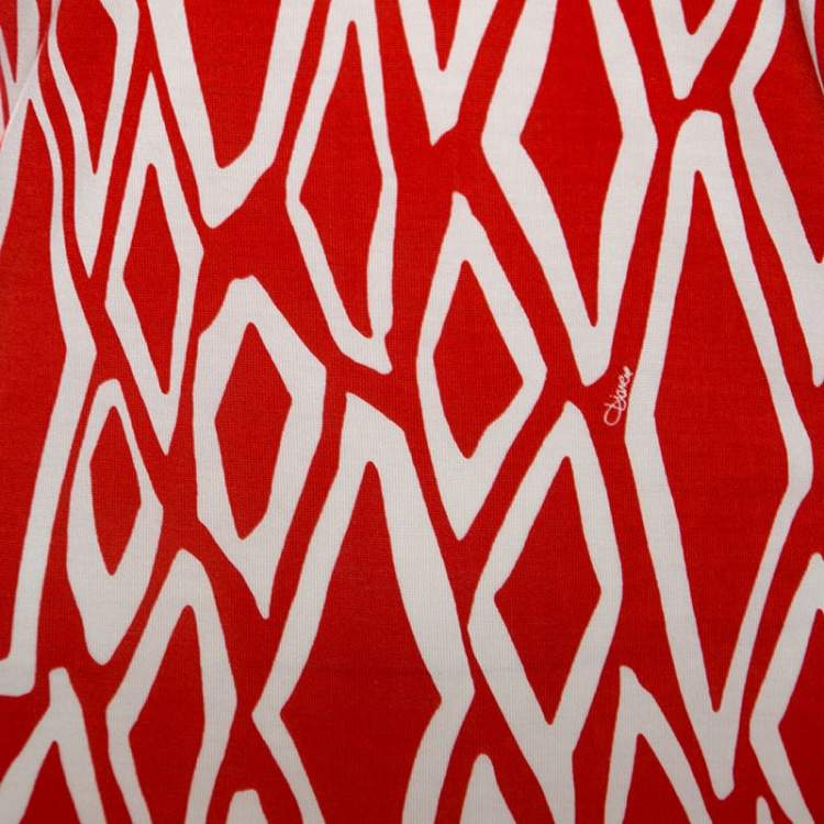 Pre Owned Diane Von Furstenberg Coral Red Ikat Print Silk Reina Long Sleeve Dress L