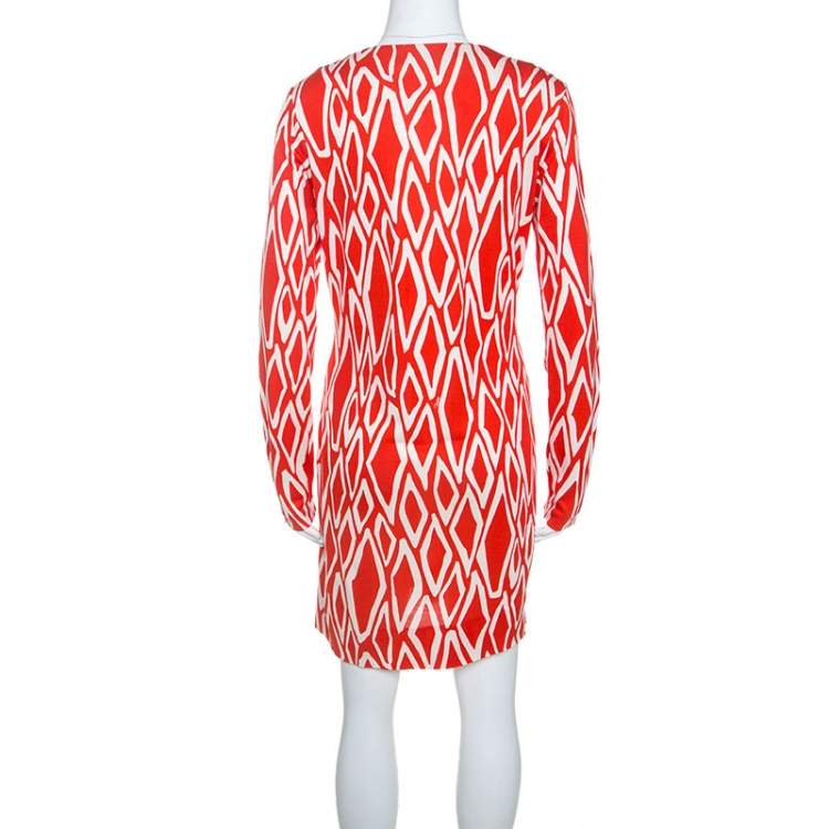 Pre Owned Diane Von Furstenberg Coral Red Ikat Print Silk Reina Long Sleeve Dress L