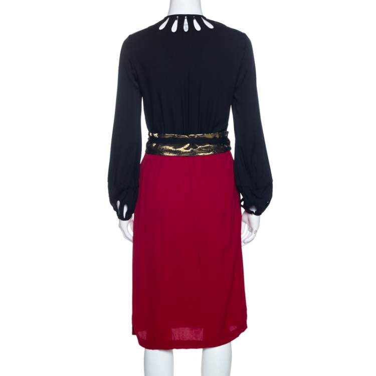Pre Owned Diane Von Furstenberg Black and Red Silk Kiandra Wrap Dress M