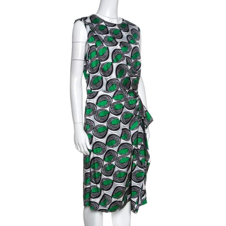 مملوكة مسبقًا Diane Von Furstenberg Green Printed Silk Ruffled Talba Dress L
